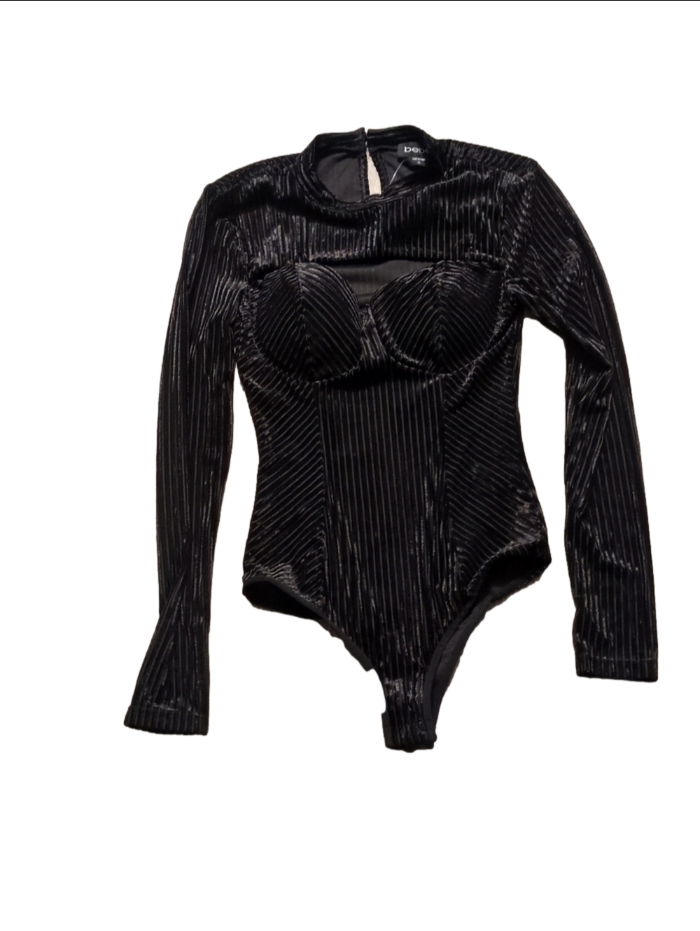 Bebe Shadow Stripe Velour Cutout Knit Bodysuit In Black Size XS